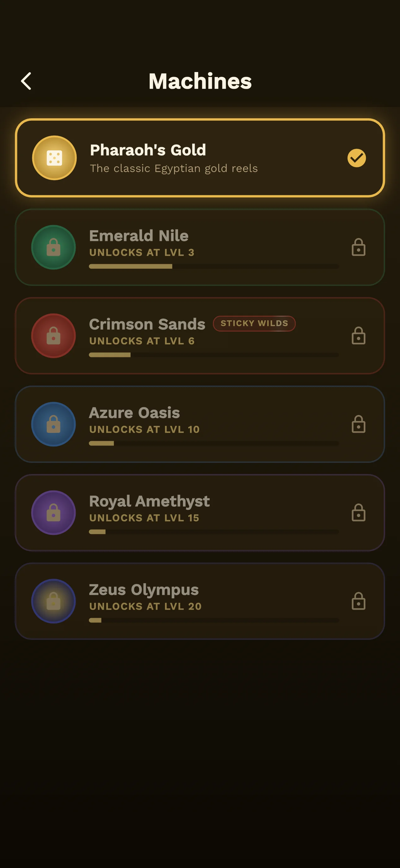 PokiePocket machines screen showing themed machine choices